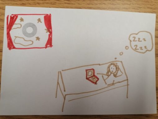 A stick figure in a bed looking on a computer. A thinking bobble that indicates thoughts about sleeping. A window with a moon, some clouds and stars.