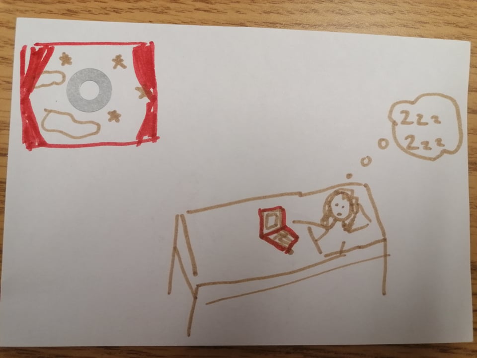 A stick figure in a bed looking on a computer. A thinking bobble that indicates thoughts about sleeping. A window with a moon, some clouds and stars.