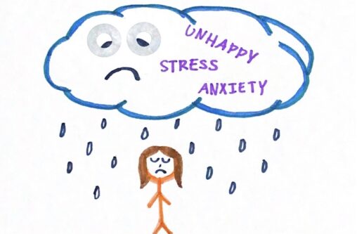 Stick figure person feeling a bit under the weather as there's a cloud above her representing what she feels at times, such as anxiety.