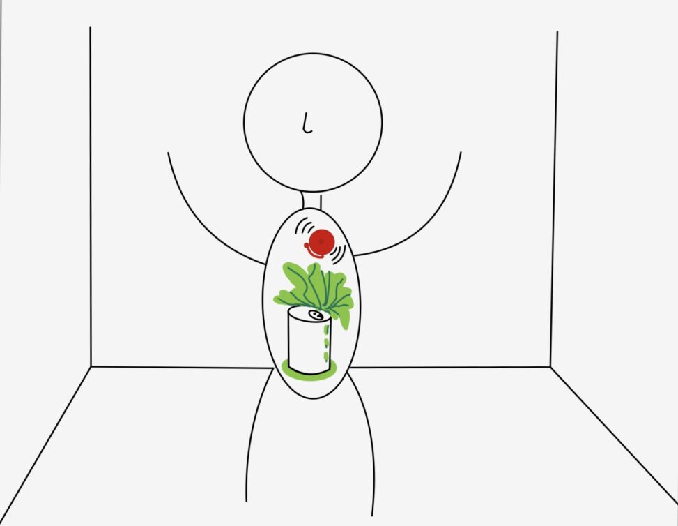 Stick figure inside an empty room, facing forward with both arms up in the air. Inside the torso contains a pop can shooting green goo everywhere with a fire alarm ringing above, alluding to a heart.