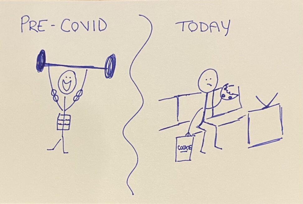 Athletic stick person holds barbell above their head while another stick person eats a cookie in front of a TV