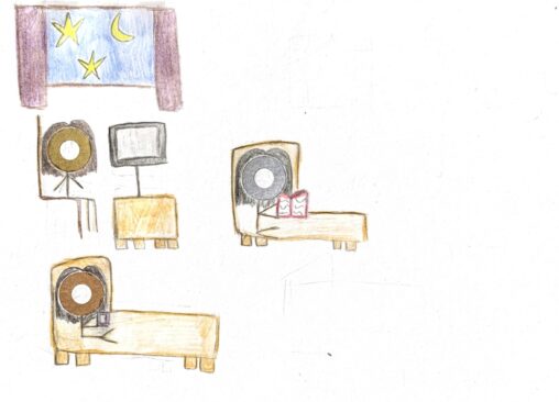 A stick figure staying up late by watching movies on her laptop, reading her books and being on her phone.