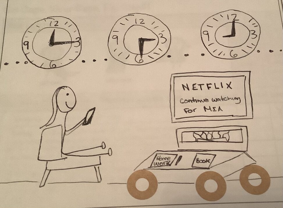 Girl sitting on couch, phone in hand, table in front of the girl with homework and books, application ‘Netflix’ displayed on TV screen above the fireplace and 3 clocks displaying the whole day going by.