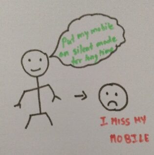 In the stick figure person is putting mobile on silent mode and put it aside and become sad.