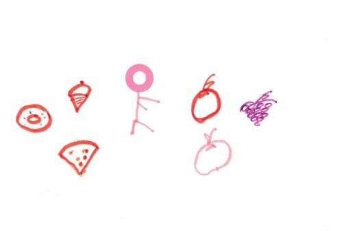 One stick figure, on the left side an ice cream cone, a donut and a slice of pizza. On the right side of the stick person, there is an apple, grapes and orange.