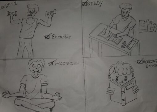 The figure which is depicting me is shown doing various tasks in which includes exercising at gym, reading, meditating.