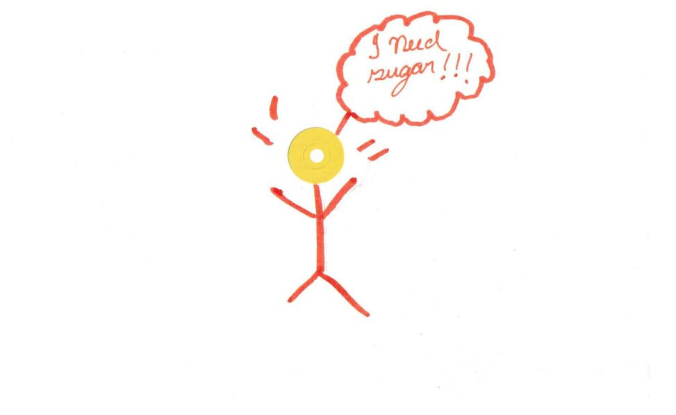 A stick figure saying I need sugar.