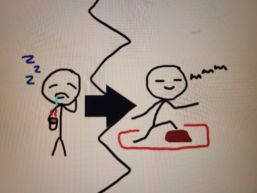 2 stickfigures, one is very tired and sad, holding coffee, the other stickfigure is awake and happy doing taichi