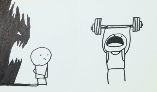 A stick figure with an anxiety monster watches another stick figure work out.