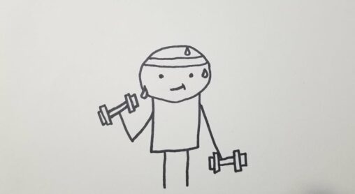 A man is lifting weights, sweating, and is wearing a sweatband. There is a small smirk on his face.