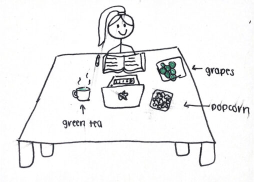 Stick figure girl doing homework with tea, grapes and popcorn as a snack