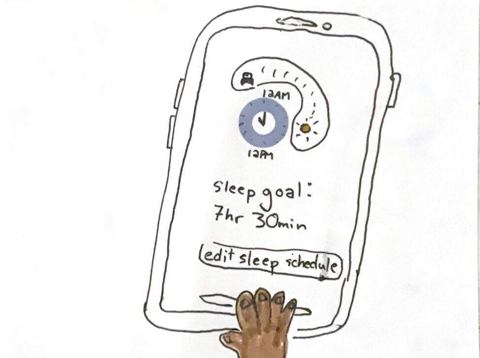 A right hand is holding an iPhone showing the “clock” app open to the sleep and wake up function. It is set to a sleep goal of 7.5 hours.
