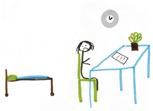 There is a bed on the left side of the comic. On the right side a person is sitting at a desk with a piece of paper and plant on it. There is a clock above them.