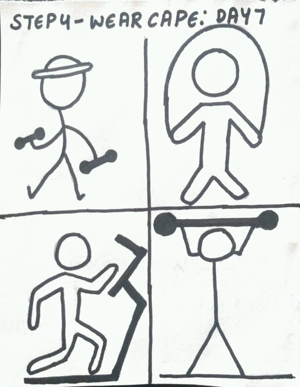 Stick figure above shows doing me various exercises that I do.