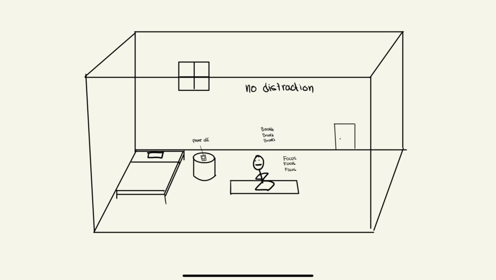 Stick figure sitting in a bedroom with a phone on a table that says “Phone off” and words“breath”, “focus”, and “no distraction” repeated around the room