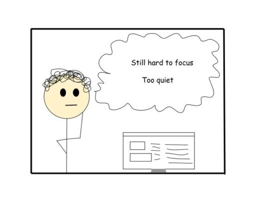 A stickman is looking at his computer ina thinking pose, with speech bubble above his head reading, \