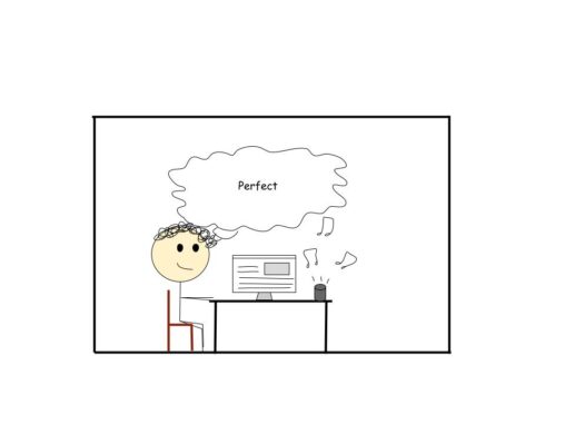 A stickman sits at his computer with a smile on his face. He is looking at his computer and listening to music. Above his head is a speech bubble that reads, \