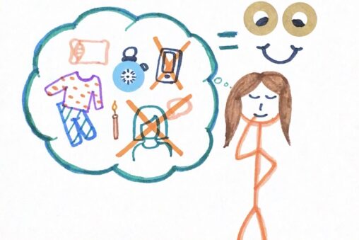 Stick figure person thinking about what she needs in order to stay organized while meditating for her 14 day study.