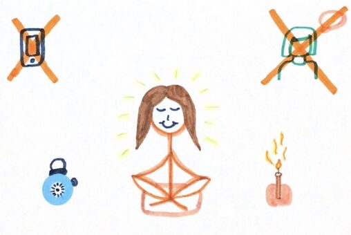 Stick figure person sitting on a cushion while meditating in silence, with a timer, and a candle burning to create a soothing effect.