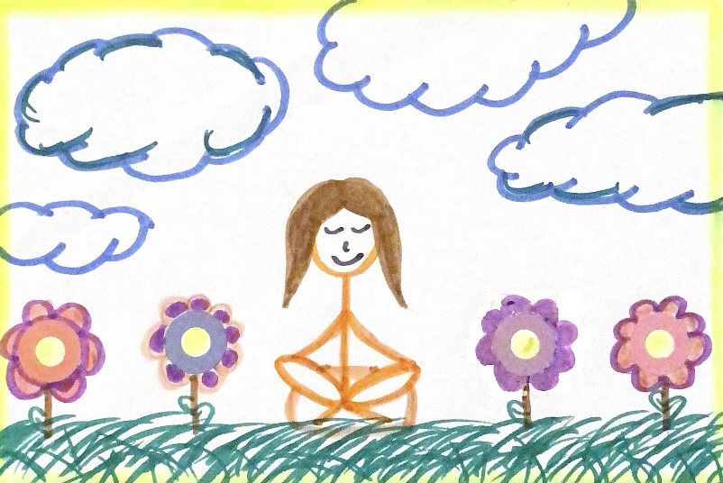 Stick figure person meditating while surrounded by nature, which displays her relaxed state of mind. There are flowers, grass, and clouds.
