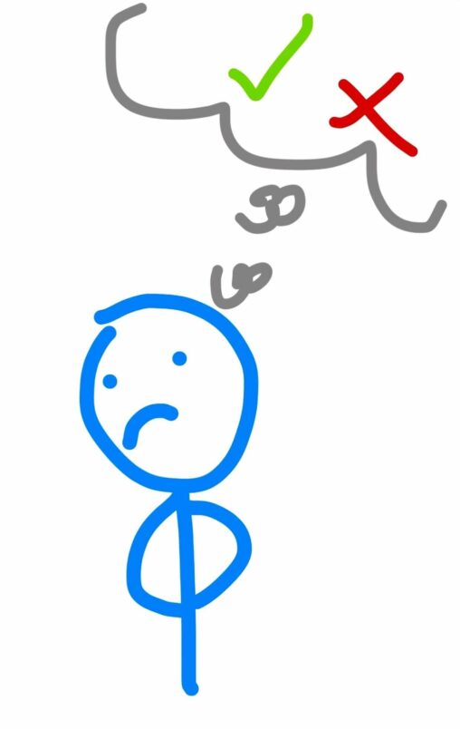 Upper half of a deeply-in-thought stick figure next to a thought bubble with a check mark and \