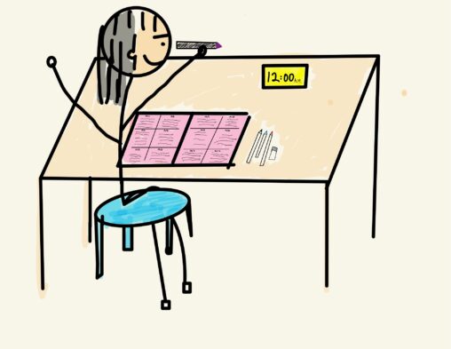 A stick figure sitting on the chair. On the desk, there are a diary, three color pens, eraser, and a yellow table clock. It seems to be writing something on the diary with happy face at the end of the day