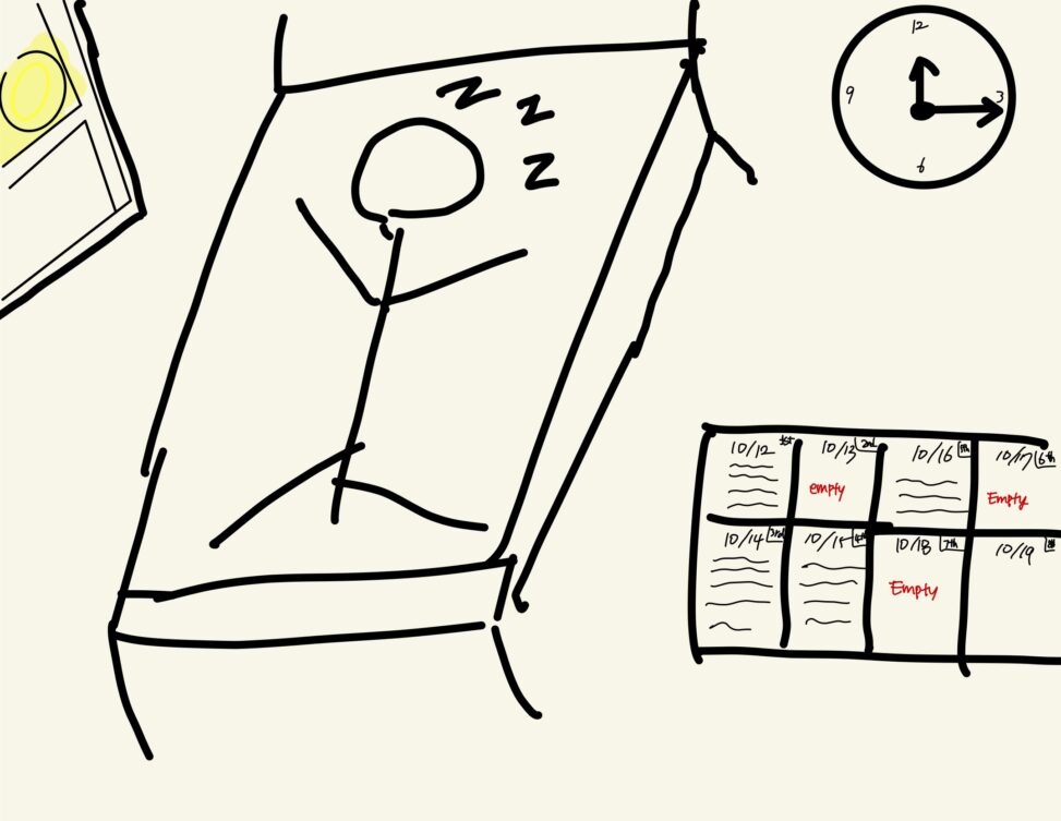 A stick figure lying on the bed, a diary open with some empty spaces, a clock that indicates the time is 12:16 A.M. and a yellow moon reflected on the window.