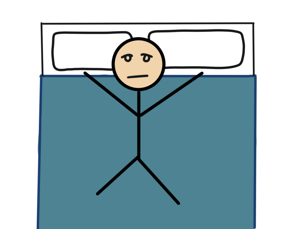 birds eye view of queen bed, two pillows and blue duvet. Stick figure is sprawled across bed like a starfish with an unhappy expression on face