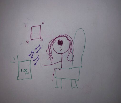 Stick figure girl sitting on her couch listening to calming music to relax her mind and body. She breathes deeply and focuses on her breath for 15 minutes when her phone tells her to.
