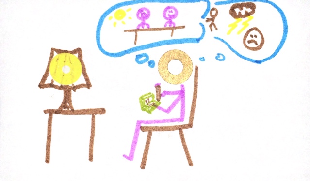 Stick person sitting in chair writing in journal. Lamp on table to the left. Two thought bubbles, one with positive memories, the second with negative memories pushing in on the first.