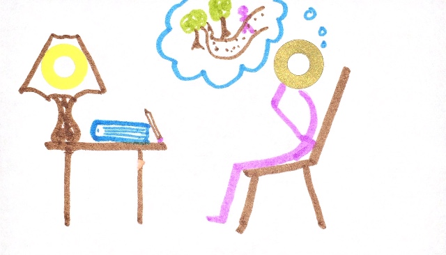 Table on the left holding a lamp, empty journal and pencil. Stick person sitting on chair on the right. Thought bubble coming from person’s head with a memory of stick person walking through park.