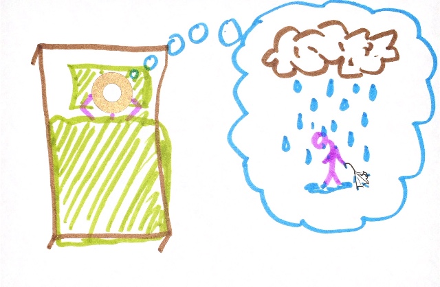 A person laying in bed with arms behind head. Thought bubble containing a sad person walking in the rain with a broken umbrella.