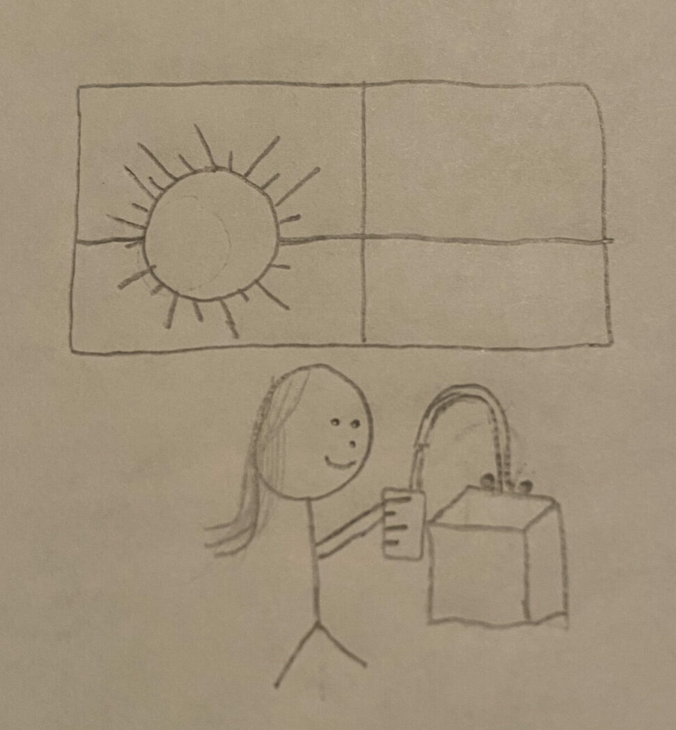 Stick figure girl filling up her first water bottle in the morning