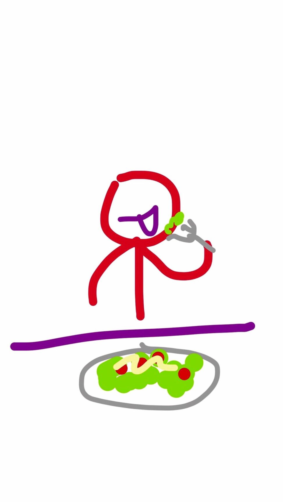 Delighted stick figure holding a fork to their mouth with a salad on a plate infront of them