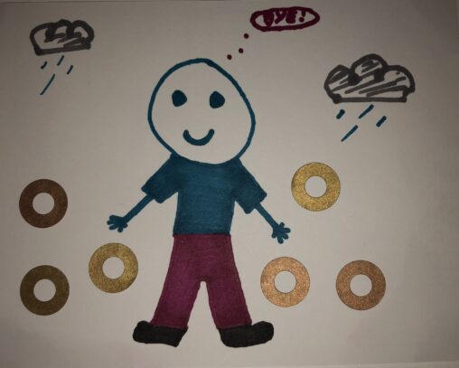 rainy dark clouds passing in the background, throwing down/ letting go of items or things, smiley face on figure