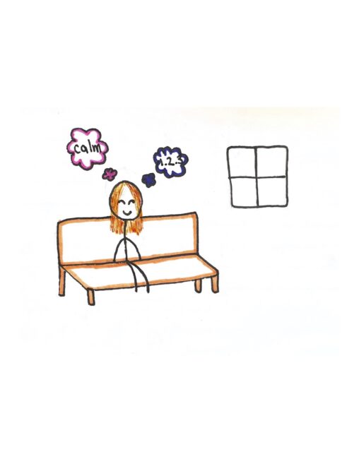 Stick person is sitting on couch in a quiet room alone.