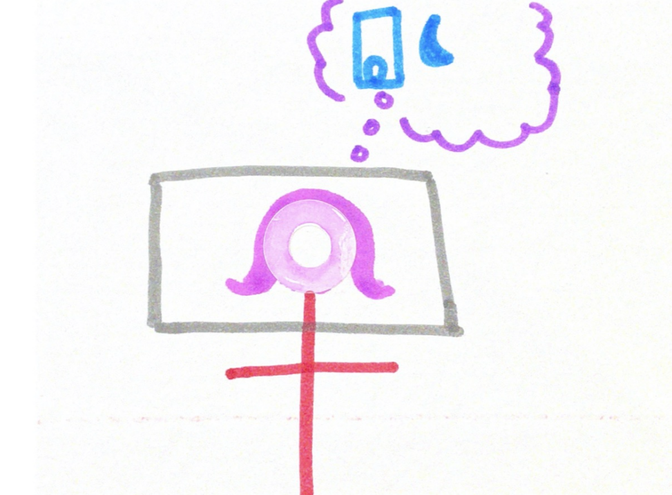 Stick figure person lying on bed, thinking bubble over head with cell phone and crescent moon inside.