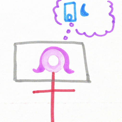 Stick figure person lying on bed, thinking bubble over head with cell phone and crescent moon inside.