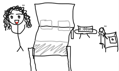A stick figure girl smiling with her arms up next to her bed that is made, also by the looks of her alarm clock it is 8:00 in the morning