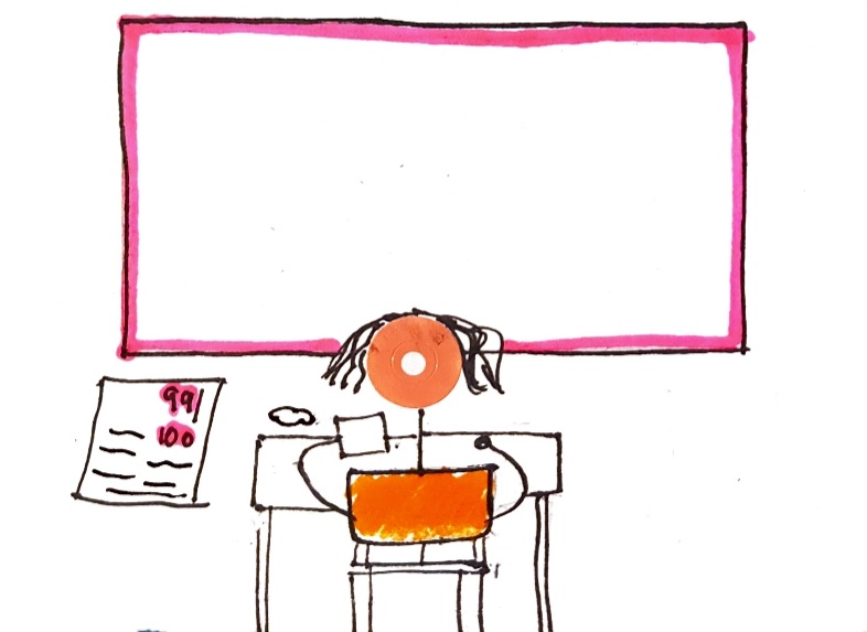 There is stick figure sitting in a classroom holding a marksheet which says 99/100