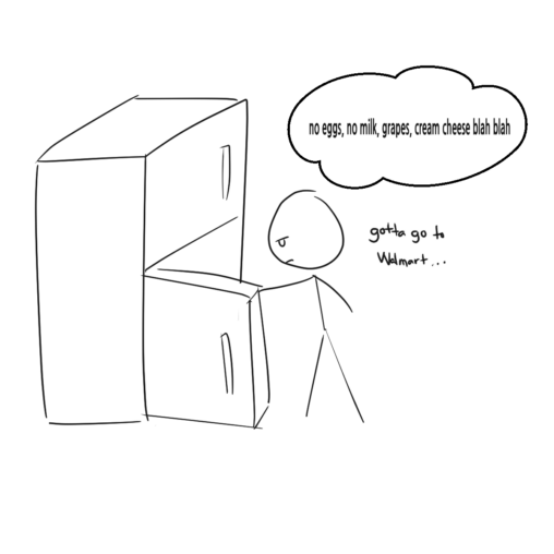 A stick figure is going through the fridge to see what is in it or not.