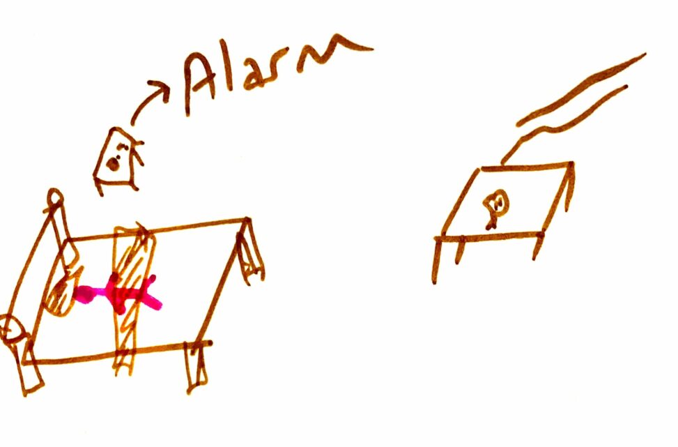 Stick figure person lying on the bed. Air purifier is prepared before going to sleep. Alarm is set it up.