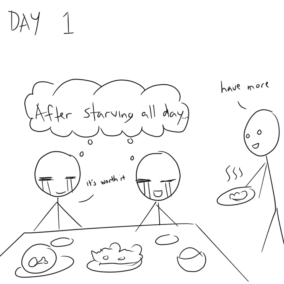 Stick figures are eating food because they were invited for an \