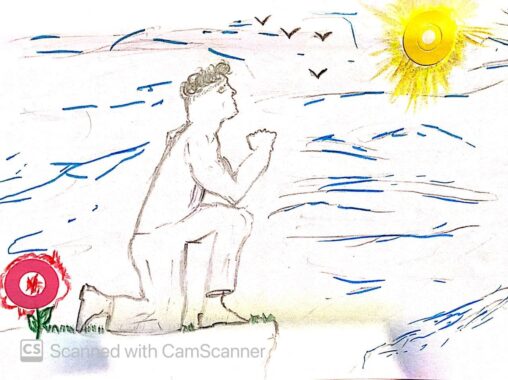 A man kneeling in the form of praying, on the edge of a cliff. A flower behind him as sun shines upon and birds fly in distance.