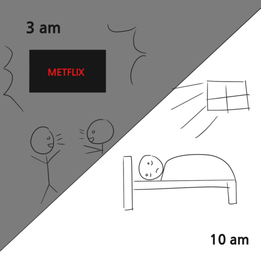 Stick figures watching Netflix at 3 am, then waking up all miserable at 10 am.