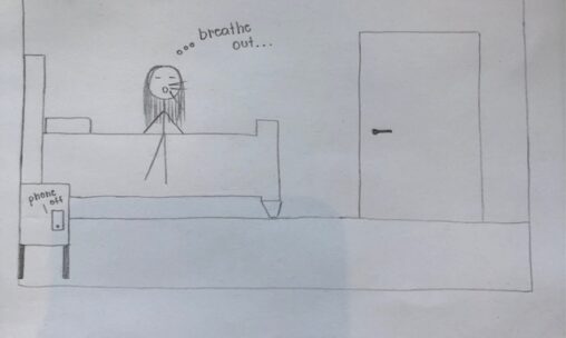 A stick figure girl in her room, on a bed with a phone turned off on a side table and a closed door in the background.