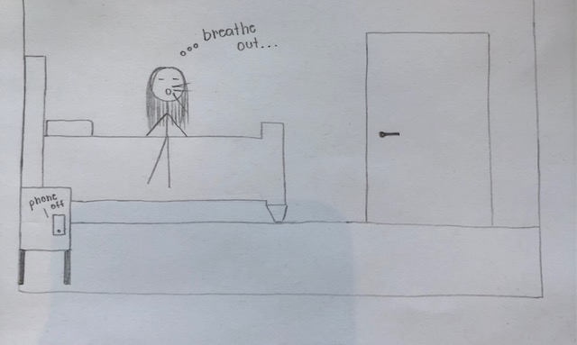 A stick figure girl in her room, on a bed with a phone turned off on a side table and a closed door in the background.