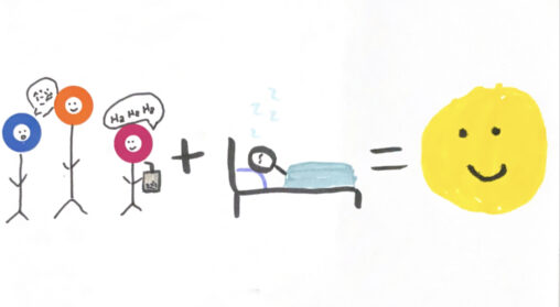 On the left there are three friends chatting, laughing and drinking bubble tea. To the right of the friends there is an addition symbol then someone sleeping in a bed. Beside that there is an equal sign and a yellow smiley face.