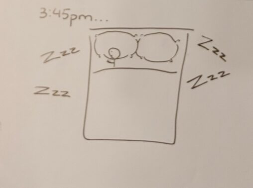 A stick figure lays in bed and sleeps, surrounded by “ZZZ’s”. The time is 3:45pm in the left top corner.