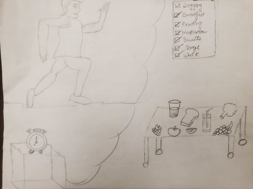 The picture includes stick figure which is basically me out for the walk in the morning. And on the left side there is table filled with healthy foods and on the wall there is checklist of which includes things to do.